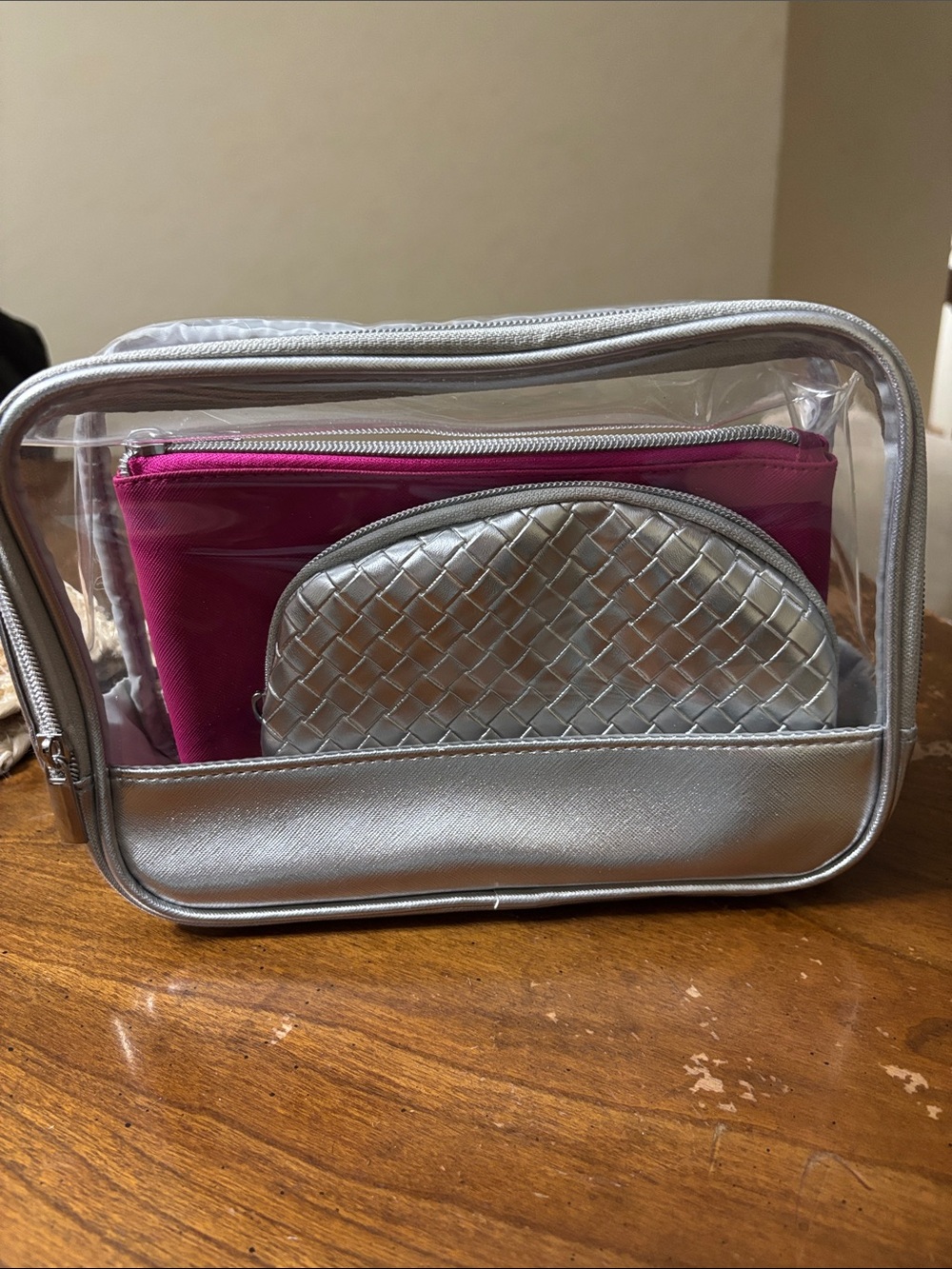 Clear Travel Cosmetic Bag Set with Silver Accents and Fuchsia Pouch set of 3